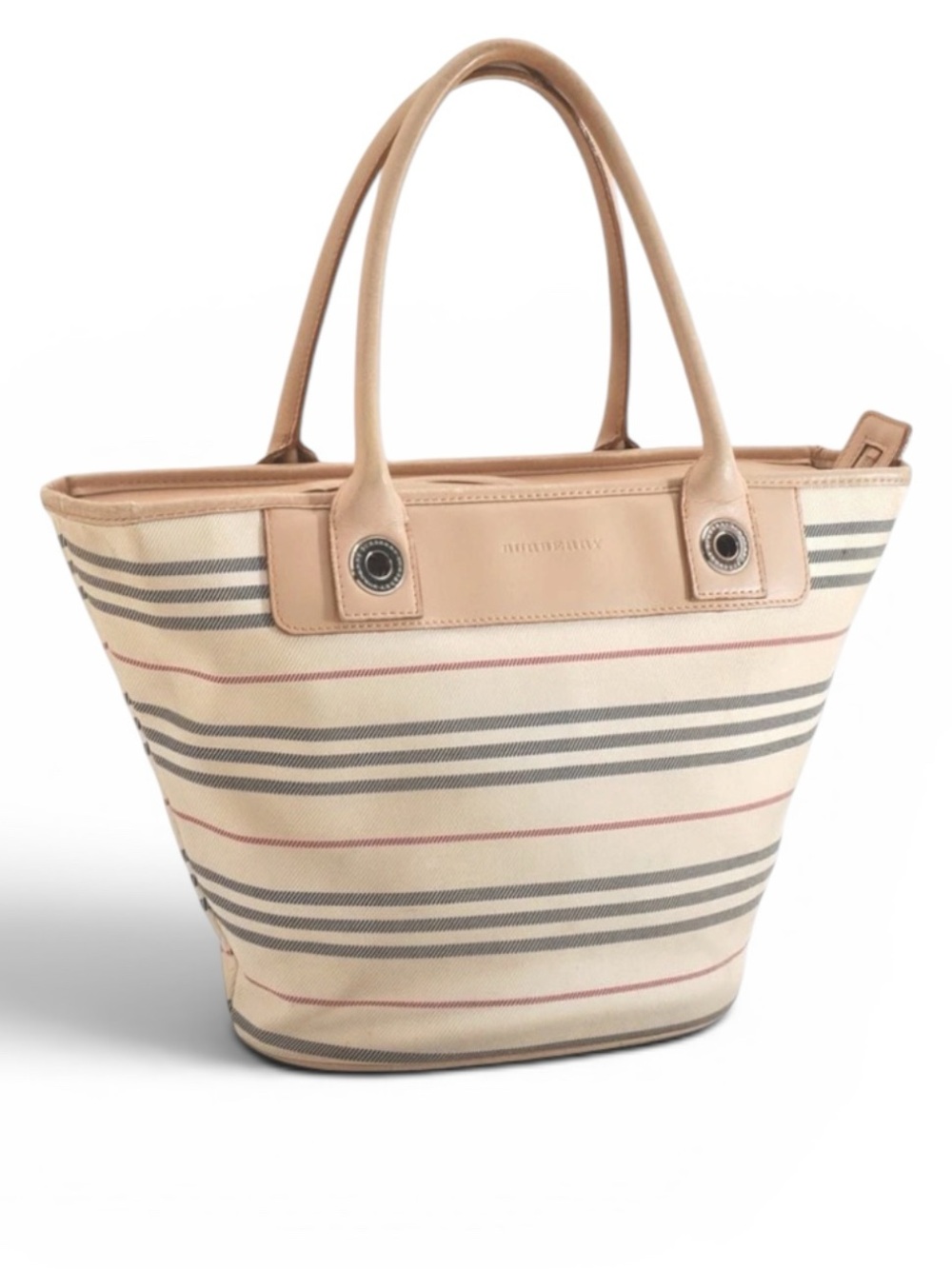 Burberry Beige Stripe Canvas Tote with Tan Leather Handles